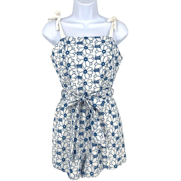 Miami Eyelet Blue White Floral Lace Tie-Strap Romper Size Medium - Picture 1 of 15